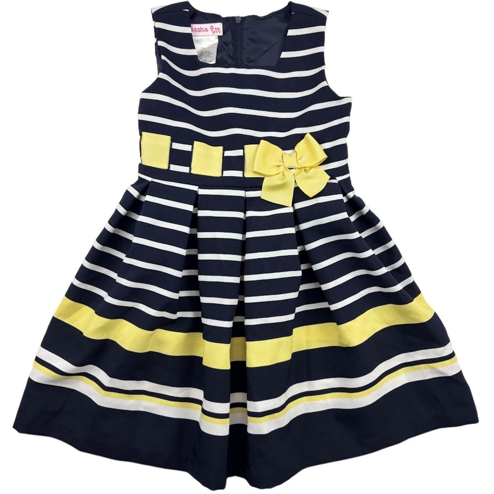 Jessica Ann Girls Sz 4 Navy Blue White Stripe Dress Yellow‎ Bow Sleeveless LN